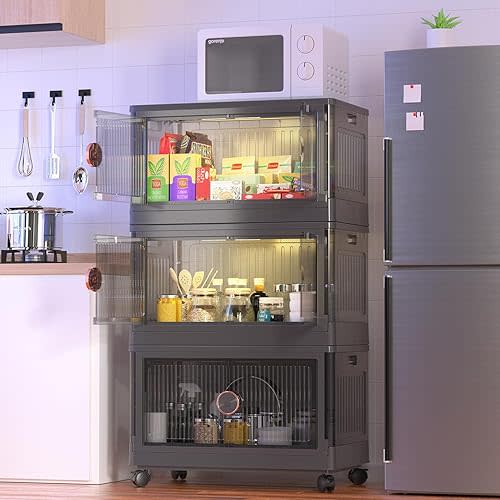 LED Light 19.5Gal Big Lidded Collapsible Storage Bins, Plastic Folding Storage Cabinet Stackable Utility Crates foldable storage container Totes with Door and Universal Wheels