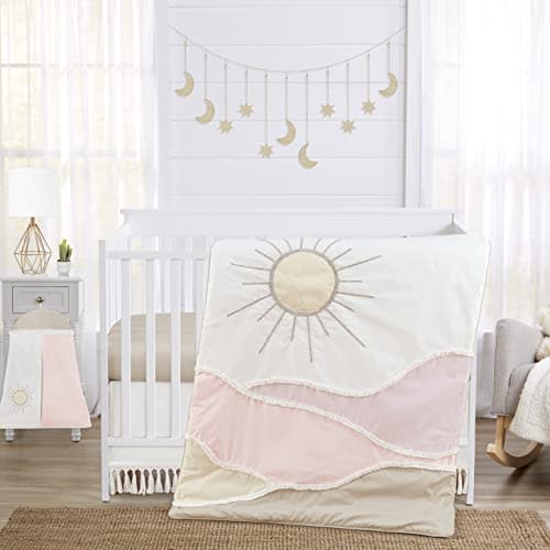 Sweet Jojo Designs Boho Desert Sun Baby Girl Nursery Crib Bedding Set - 4 Pieces - Blush Pink Mauve Gold Ivory Taupe Bohemian Mountains Southwest Nature Outdoors Tassel Minimalist Cotton Geometric