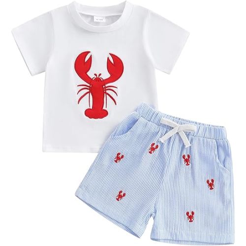Toddler Boy Lobster Short Outfit Crawfish/Turtle/Crab Embroidery Short Sleeve Tops Stripe Shorts 2Pcs Animal Outfit