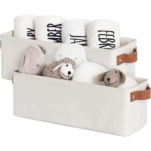 StorageWorks Narrow Storage Bins, Small Basket for Closet and Shelves, Fabric Organizer with Handles, Toilet Paper Storage, Beige, 2-Pack