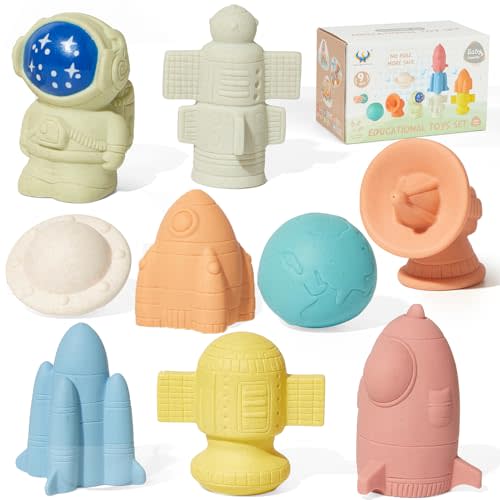 AMCHSURI Mold-Free & No Holes Bath Toys 9 Pack | Safe Astronaut & Rocket Ship Toys for Babies 6-12M & Toddlers 1-3Y | Bathtub Pool Float Toys for Boys Girls