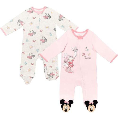 Disney Minnie Mouse Princess Classics Lion King Baby Girls 2 Pack Zip Up Sleep N' Plays Newborn to Infant - 0-3 Months - Pink/White