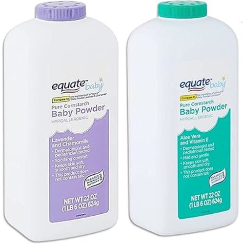 Equate Pure Cornstarch Baby Powder Bundle-Includes 1 Pack 22 Oz Equate Lavender Chamomile, 1 Pack 22 Oz Equate Aloe Vera Vitamin E