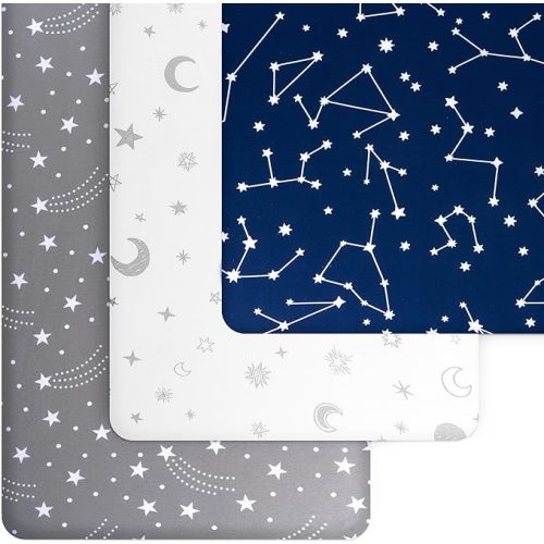 GROW WILD Crib Sheets for Boys or Girls | 3 Pack Soft Stretchy Jersey Cotton Fitted Crib Sheet Neutral | Grey White Navy Blue Baby Crib Sheets for Girl, Crib Mattress Sheet or Toddler Bed Sheets