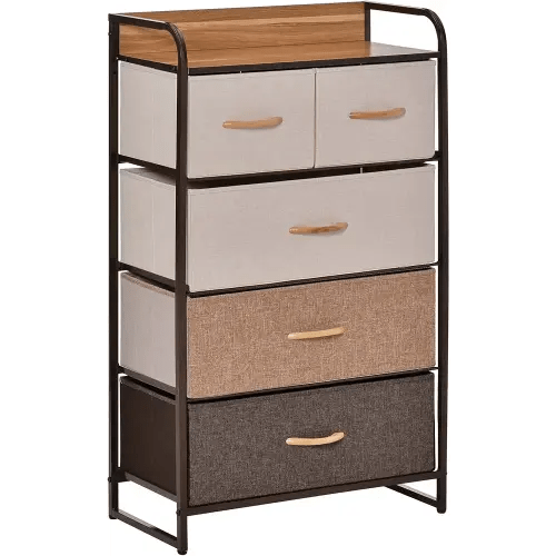 HOMCOM 5-Drawer Fabric Dresser Tower, 4-Tier Storage Organizer with Steel Frame for Hallway, Bedroom and Closet, Maple Wood