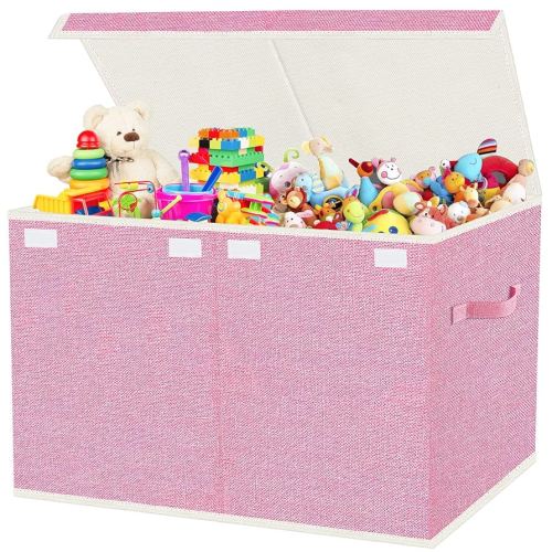 VVERONLY Large Collapsible Toy Storage Box with Lid & Handles - Kids Organizer Chest for Toys, Clothes, Blankets (Pink, Nursery, Playroom, Bedroom)-24.5''×13''×16''