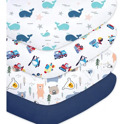 Plushii 4 Pack Fitted Crib Sheets for Baby Boys, 28"x 52" Extra Soft Microfiber Crib Sheet Set for Standard Crib & Toddler Mattress Pad, Whale & Toy & Little Bear & Navy Blue