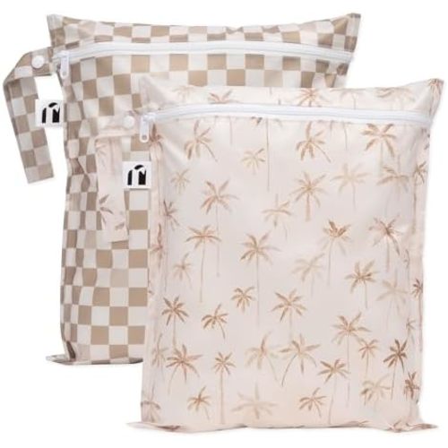 Roamio Waterproof Wet Bag for Travel, Swim Suit, Pool, Beach, Gym Clothes, Toiletry, Cloth Diapers, Pump Parts, Baby, Hook to Stroller, Daycare, Zip Reusable Wetdry Pack, 2-pk Palm Trees, Beige Check