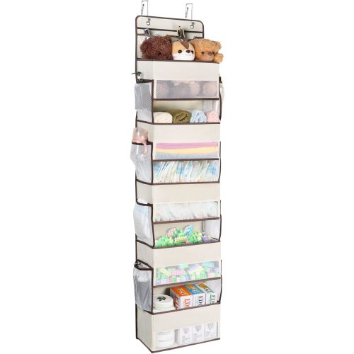 Univivi Over The Door Organizer - Wall Mount Hanging Organizer with 5 Large Compartments, 2 Small PVC Pockets and 8 Mesh Side Pockets for Cosmetics, Toys and Sundries (Beige)