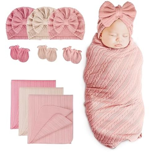 BQUBO Newborn Receiving Blanket Hat Mittens Set for Baby, Unisex Baby Boys Girls Essentials, Newborn Registry Must Haves, Stroller Crib Shower Gifts