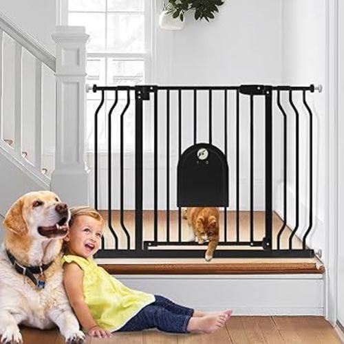 Baby Gate with Cat Door for Stairs - Auto Close & Easy Walk Thru Dog Pet Gates for Stairs 30"-43.7" Wide, Doorway, Pressure or Wall Mounted Child Gate Includes 4 Wall Cups 2 Extensions