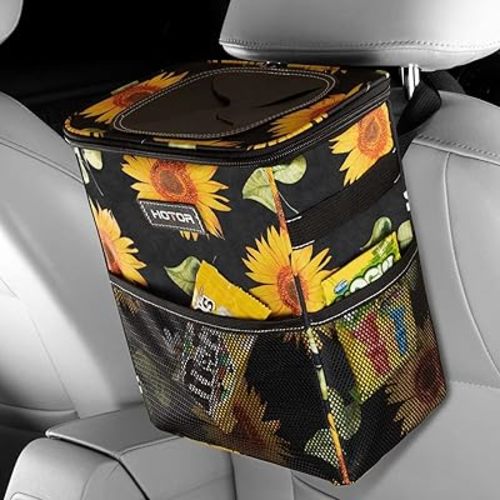 HOTOR 3 Gallons Car Trash Can, Ultra Large Capacity Organizer and Storage with Adjustable Straps & Magnetic Snaps, Waterproof Car Accessory for Interior Car Stuff Storage, Sunflower