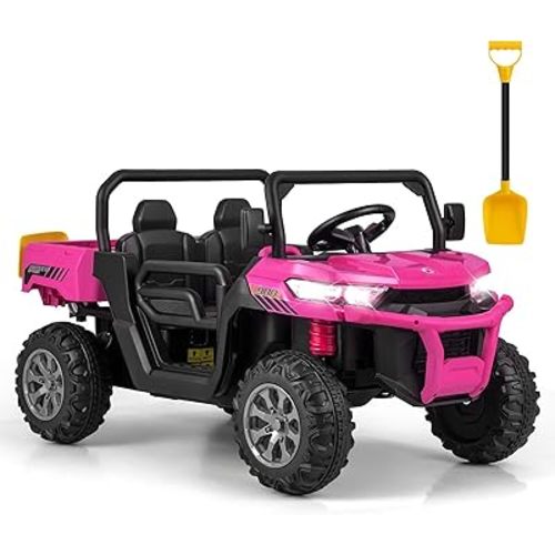 OLAKIDS 2 Seater Ride On Car, 12V Off-Road UTV Electric Vehicle with Remote Control, Dump Bed, Extra Shovel, Music, USB, AUX, Rocking Function, Kids Toddlers Battery Powered Truck (Rose)