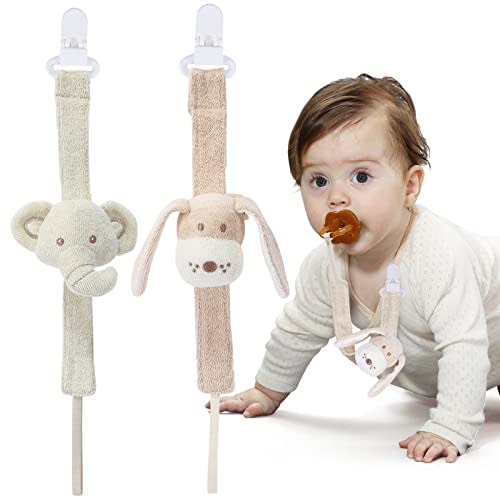COTTONBEBE Pacifier Clip, 2 Pack Baby Pacifier Holder for Boys and Girls Fits Many Pacifiers & Baby Teething Toys, Ideal Baby Gift (Elephant&Dog)