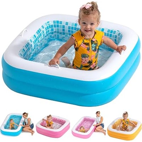 Baby and Toddler Pool with Cushioned Floor, Handles and Drain - Skin Safe Small Square Inflatable Kiddie Pool, Portable Bathtub and Ball Pit, Summer Outdoor Gift for Babies, Infants & Toddlers 1-3