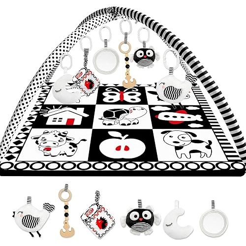 QUOKKA Padded Baby Mat for Floor Tummy Time - Super Soft Black&White Play Mat for Kids Toddlers & Infants - 6 Toys | Thick Pad | Machine Washable | Black White Colors for Vision Development