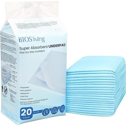 BIOS Living Disposable Underpads - Large (24 x 36) Super Absorbant Bed Pad for Incontinence, Used by Eldery, Seniors, Pets Training Pad, Babies, Pee Pads, Waterproof
