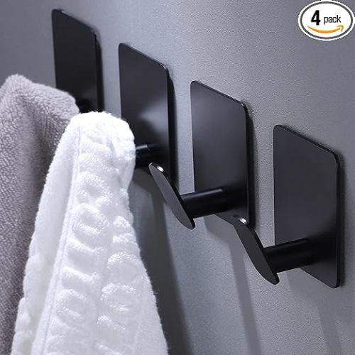 DELITON Adhesive Hooks - 4 Pack Towel/Coat Hooks Wall Hooks Stick on Bathroom or Kitchen (Matte Black, Stainless Steel)