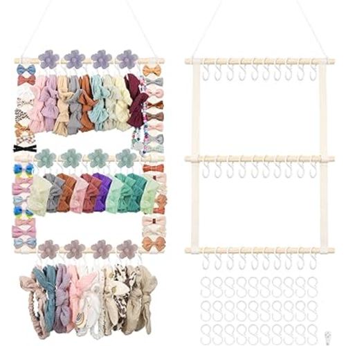 Munzong Headband Holder,Beige Bow Organizer for Baby Girls, Nursery Wall Hanging Clip Storage w/ 30 Hooks, Hair Accessories Organizer Rack Shelf for Toddler Kids Room Decor 15x20inch