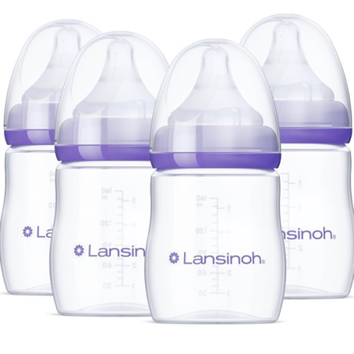Lansinoh Anti-Colic Baby Bottles for Breastfeeding Babies, 5 Ounces, 4 Count, Includes 4 Extra Slow Flow Nipples, Size XS