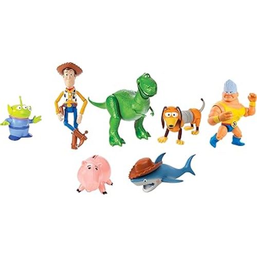Mattel Disney and Pixar Toy Story Set of 7 Action Figures with Woody, Slinky, Rex, Hamm, Alien, Rocky & Shark, Disney100 Collectible