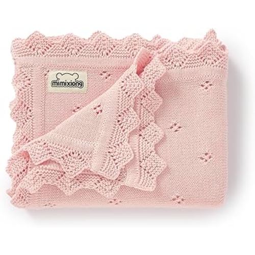 mimixiong Cotton Baby Blanket Knitted Crochet Receiving Crib Nursery Swaddling Blankets for Newborn Baby Boy Girl Pastel Pink 30x40 Inch (Pack of 1)…