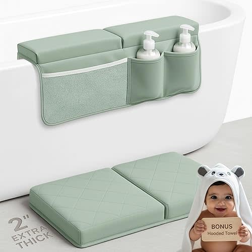 Bornealand® 2" Extra Thick Baby Bath Kneeler and Elbow Rest Pad Set + Hooded Towel - Embroidered Kneeling Pad for Bathing Baby - Dual-Layer Memory Foam Bathtub Kneeler and Elbow Rest Set