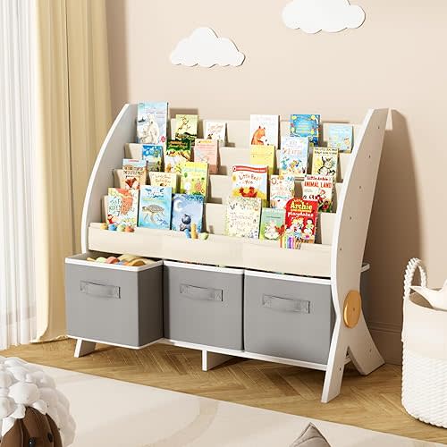 KIDINIX Kids Bookshelf and Toy Storage Organizer, 5-Tier Book Shelf for Kids Rooms, Nursery Bookcase, Montessori Bookshelf for Toddlers, White, Baby Organizers & Storage, Nursery Furniture