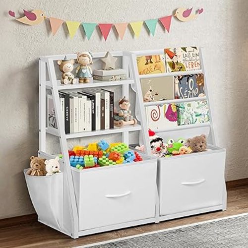 LOFTEY Kids Bookshelf and Toy Storage, Book Shelf for Kids Room, Toddler Montessori Bookshelf with 2 Drawers, Baby Book Shelf for Nursery, Toy Organizer, White