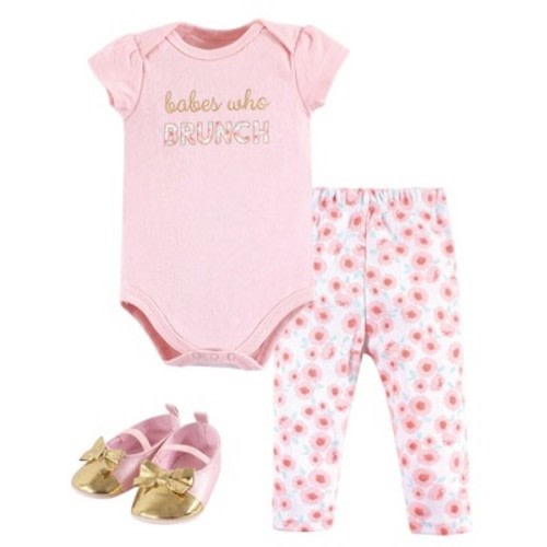 Little Treasure Baby Girl Cotton Bodysuit, Pant and Shoe 3pc Set, Brunch, 3-6 Months