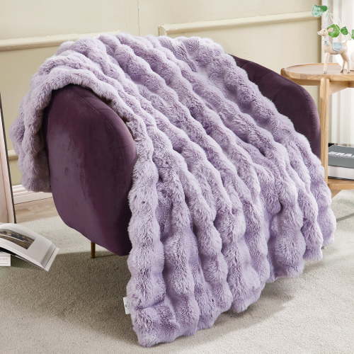 JONIYEAR Soft Decorative Fuzzy Bubble Faux Rabbit Fur Throw Blanket for Couch 50" x 60", Double Sided Cute Plush Thick Warm Fluffy Blanket, Luxury Cozy Puffy Shaggy Comfy Furry Blankets, Lilac Purple