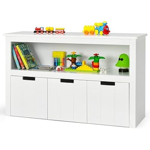 HONEY JOY Kids Toy Storage Organizer with Bins, Children Daycare Shelf, 3 Wooden Toy Box w/Wheels, Toddler Classroom Display Cabinet for Playroom, Nursery, Kindergarten
