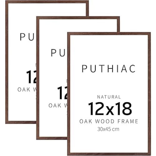 puthiac 12x18 Walnut Oak Wood Picture Frame - Minimalist 12x18 Poster Frame, 12"x18" Picture Frame Wood, Natural Solid Wooden Picture Frames for Wall Art Photo and Prints (3 Pack, Walnut)
