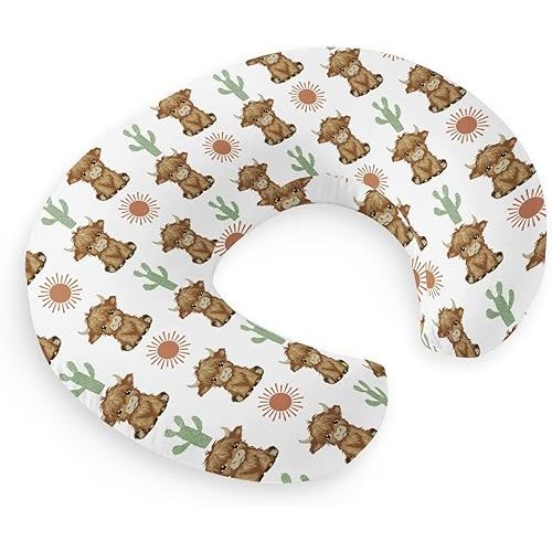 HawSkgFub Highland Cow Boho Cactus Sun Nursing Pillow Cover for Baby Boy Girl, Western Hyland Cattle Themed Breastfeeding Pillow Slipcover, Cow Lover Nursing Pillowcase for Newborn Infant, Cover Only