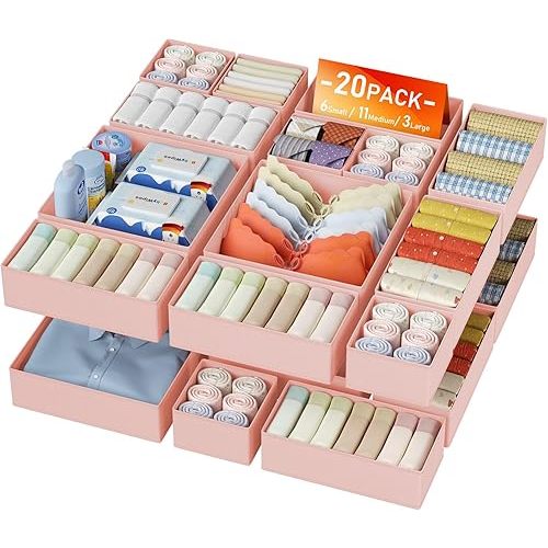 DIMJ Drawer Organizer Clothes 20 Pack - Foldable Baby Organizers and Storage & Dresser Organizer for Bedroom, Closet - Nursery Organization Dresser Dividers for underwear, Sock,Bra, Belt, Tie, Pink
