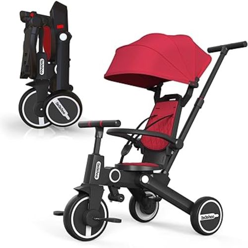 Tricycle Stroller for Toddler,Foldable Baby Tricycle,Kids Balance Bike with Push Handle,Toddlers Stroller Bike with 1 to 5 Years,7-in-1 Push Tricycle Bike for Kids (Red)