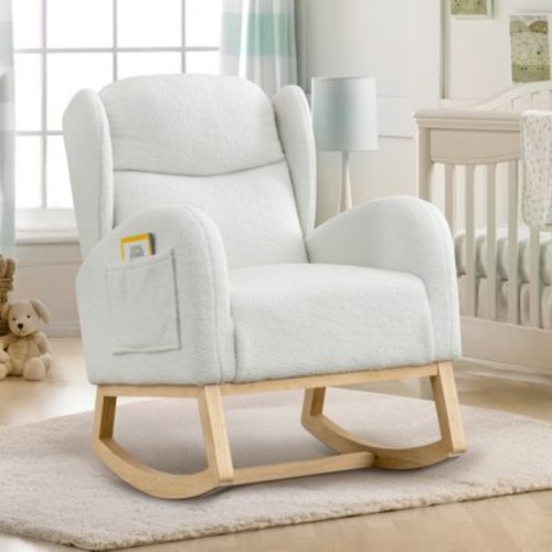Muumblus Wingback Glider Rocking Chair for Baby Nursery, Wood Legs, Adults, Ivory Teddy