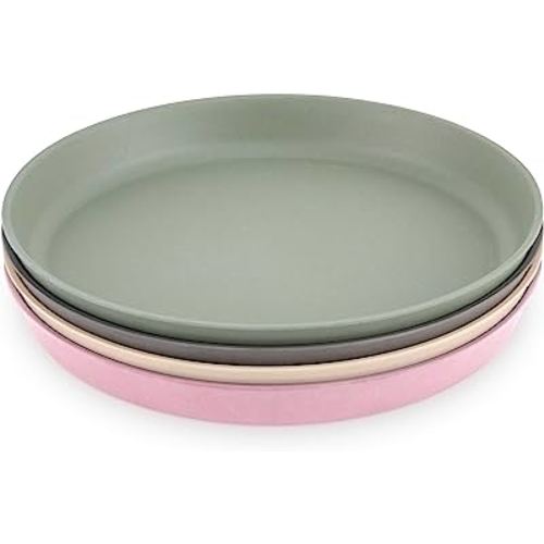 WeeSprout Bamboo Plates, Set of 4, Kid-Sized Bamboo Kids Plates, Dishwasher Safe Bamboo Plates for Kids (Pink, Green, Gray, & Beige)