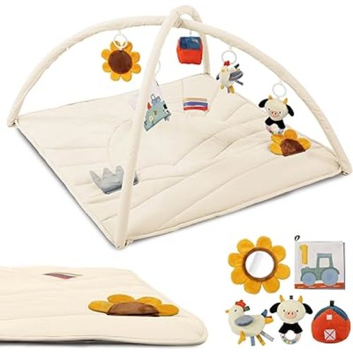 Beautiful Baby Play Gym and Tummy Time Mat - Soft Mat with 5 Farm Toys Creates The Perfect Activity Area for Your Girl/Boy - Stylish Infant Floor Playmat Fits Nicely with Any Playroom Decor