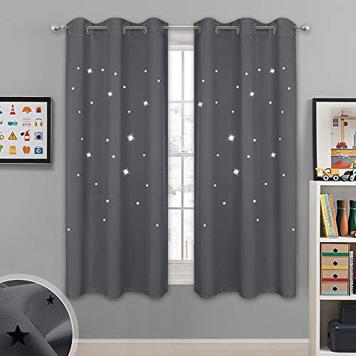 NICETOWN Blackout Star Curtains for Kids - Hollow Out Star Shaped Room Darkening Window Drapes for Space Themed/Nursery/Boys Adult Room Decor (2 Panels, 42 inches Wide x 63 inches Long, Grey)