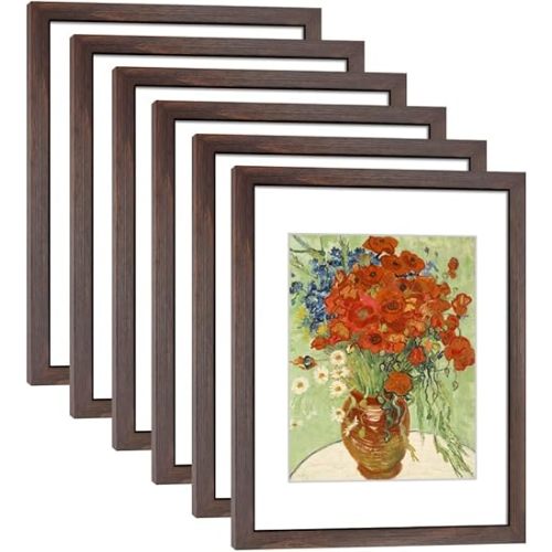 11x14 Picture Frame Set of 6 for Pictures 8x10 with Mat or 11x14 Without Mat, Wall or Tabletop Gallery Photo Frames Walnut