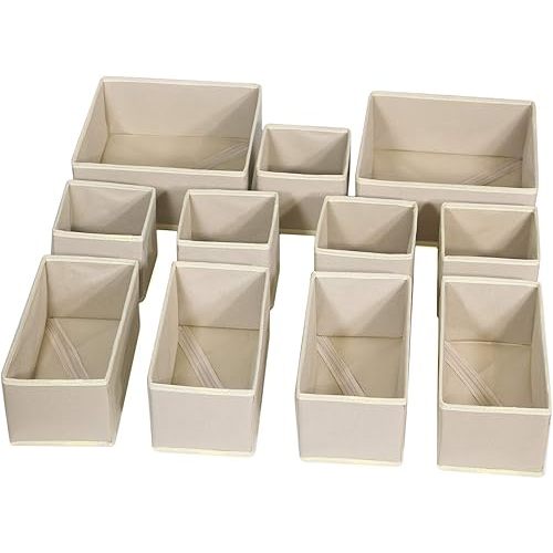 DIOMMELL 11 Pack Foldable Cloth Storage Box Closet Dresser Drawer Organizer Fabric Baskets Bins Containers Divider for Clothes Underwear Bras Socks Lingerie Clothing,Beige 245