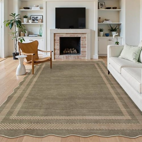 Lahome Scalloped Washable Area Rugs 5x7, Soft 5x7 Rugs for Living Room Bedroom, Green Non Slip Low Pile Stain Resistance Large Throw Carpet for Nursery Dining Room Office, Olive/Grey