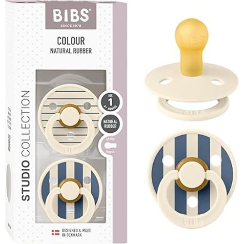 BIBS Pacifiers - Colour Studio 2 Pack | Round Nipple Baby Pacifier | BPA Free Natural Rubber Latex Soother | Made in Denmark | Size 0+ Months | Pin Ivory Steel Blue