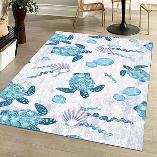 Ocean Turtle Rug, 5x8ft, Coastal Nautical Shell Seaweed Theme Decorative Carpet, Non-Slip Washable Marine Life Large Area Rug for Living Room Bedroom Dining Room Home Decor