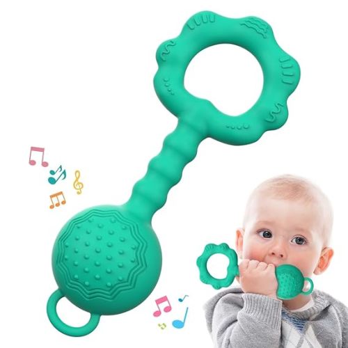 Teethers for Babies 6-12 Months, Rattles for Babies 0-6 Months, 2-in-1 Rattle and Teether Toy for Soothing Sore Gums and Keeps Little Ones Entertained, Food Grade Silicone (Spearmint)