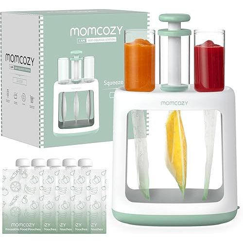 Momcozy Baby Food Maker for Puree Food Storage, Precise Capacity Squeeze Station, Save Time & Efficient, No Food Splashing, Baby Essentials, with 5pcs Reusable Portable Food Storage Bags for Outdoor