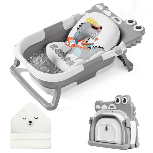 MoreFeel Collapsible Baby Bathtub for Newborn with Thermometer & 1 Hooded Towel & 1 Soft Floating Cushion,Portable Travel Bathtub with Drain Hole, Durable Foldable Baby Tubs for Infants to Toddler