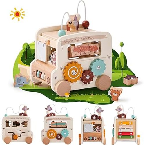 Wooden Activity Cube 8-in-1 Montessori Toys | Multifunctional Early Educational Learning Toys | Wooden Toy for Baby Shape Sorter Xylophone Animal Travel Bus Boy Girl Birthday Gift(Beige Bus)