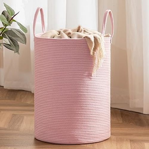 Laundry Basket, 72L Woven Laundry Hamper, Baby Nursery Hamper for Toys, Blanket Basket for Living Room, Clothes Hamper for Bedroom&Baby Room, Pink